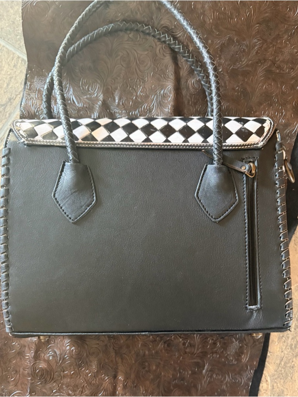 Hand Crafted Black & White Checkered Satchel with Brown Floral Tooled Accents - Picture 4 of 8